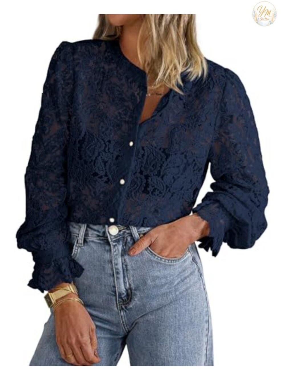 Women's Long Sleeve Lace Button Down Blouse Crewneck Tunic Work Top